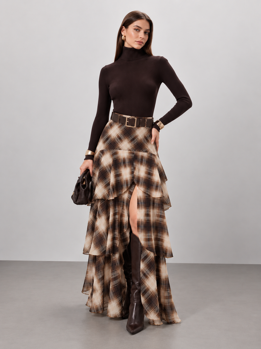Belted Plaid Tiered Maxi Skirt