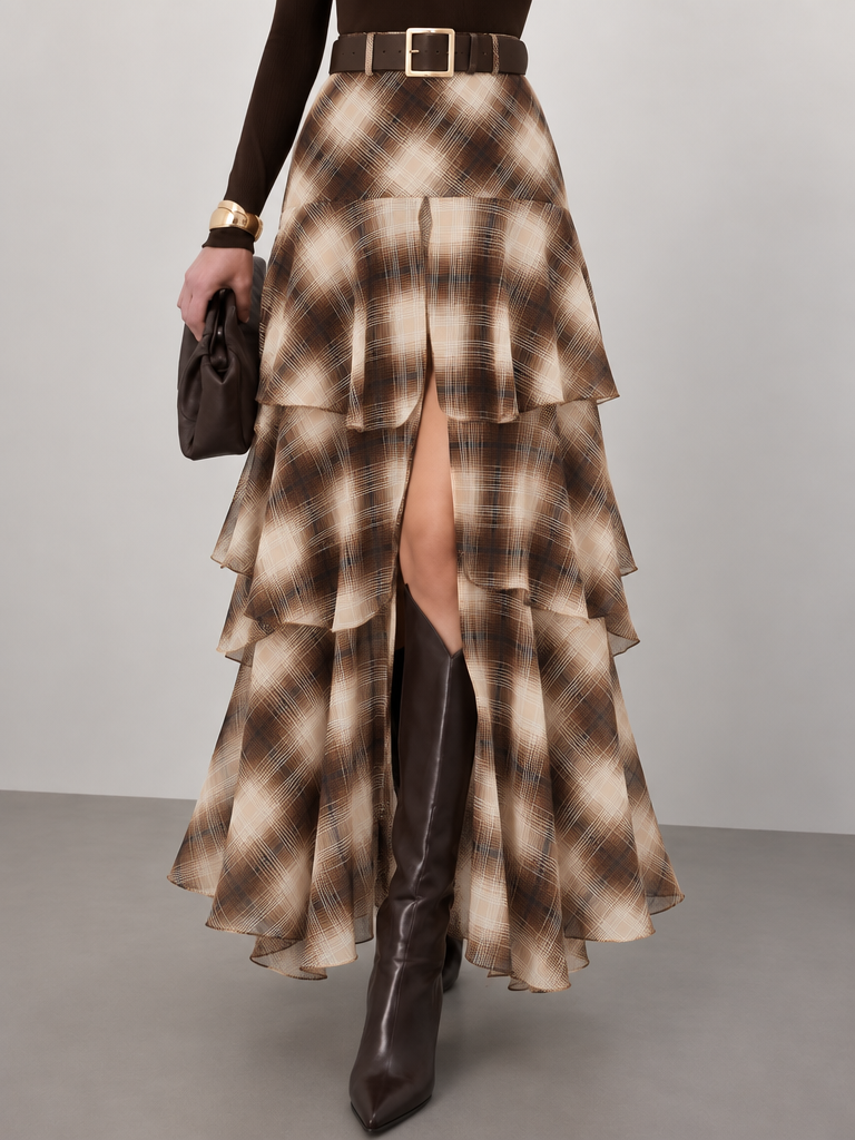 Belted Plaid Tiered Maxi Skirt