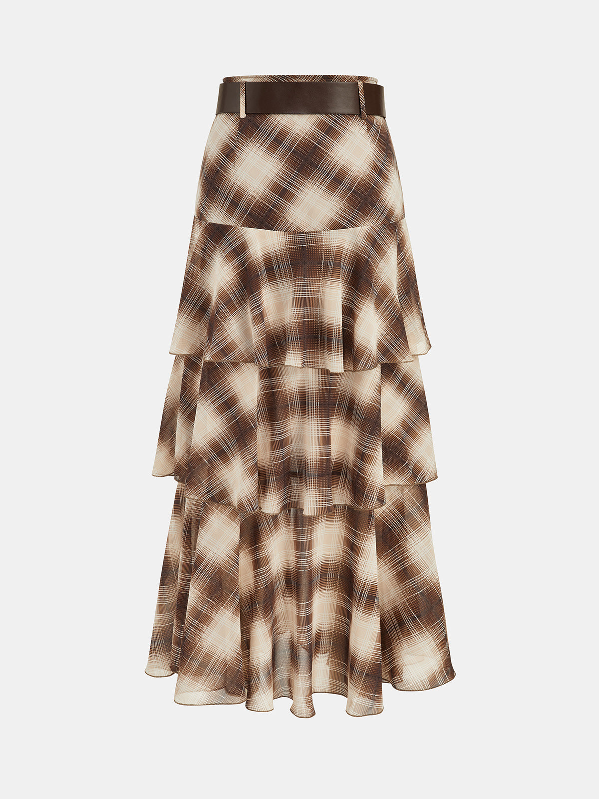 Belted Plaid Tiered Maxi Skirt