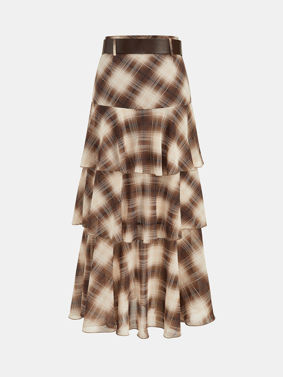 Belted Plaid Tiered Maxi Skirt