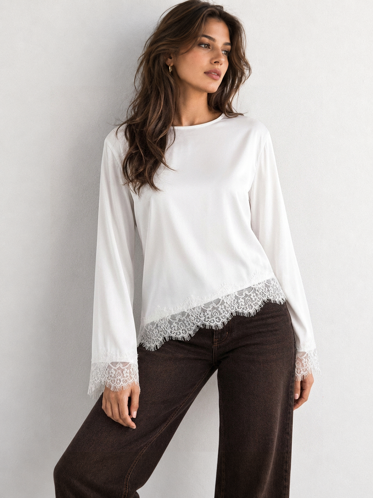 Asymmetric Lace Hem Tie-Back Blouse