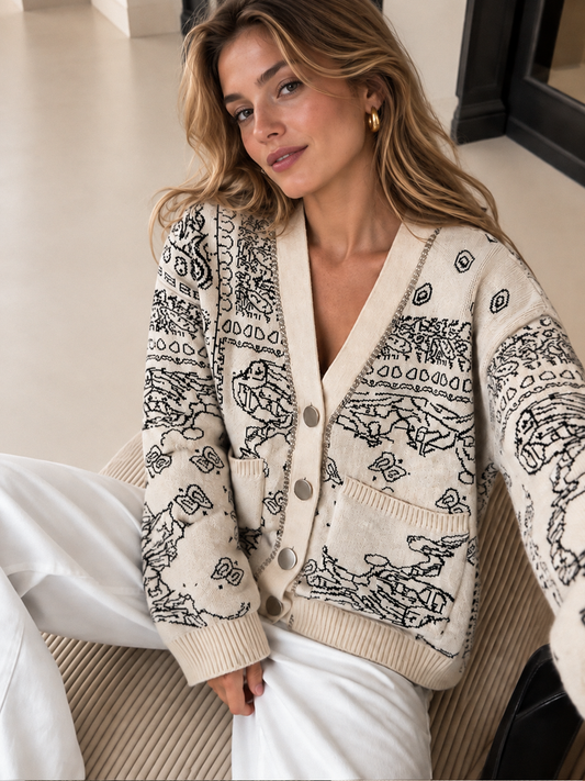 Sketch Jacquard V Neck Knit Cardigan