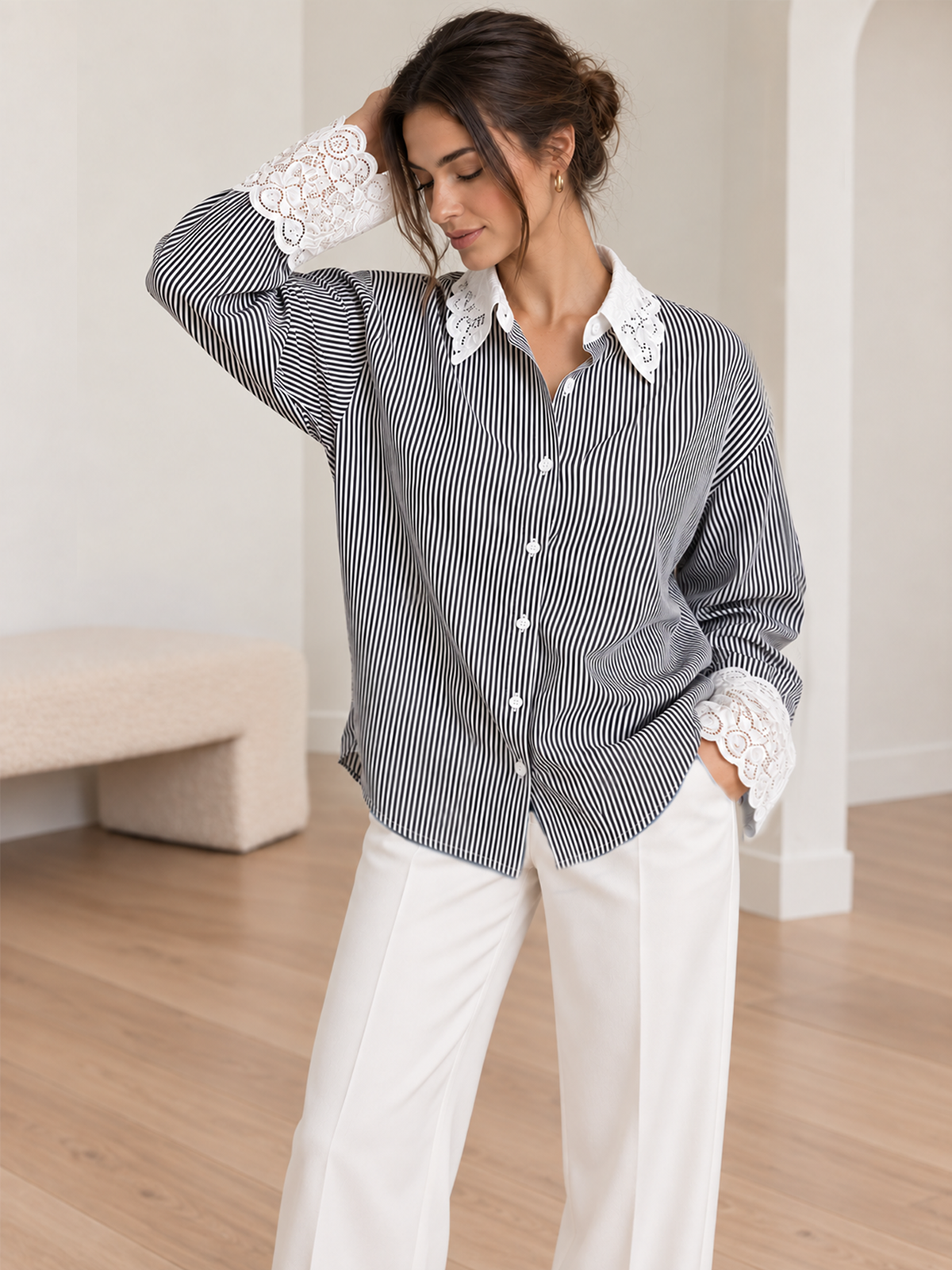 Lace Panel Striped Long Sleeve Shirt
