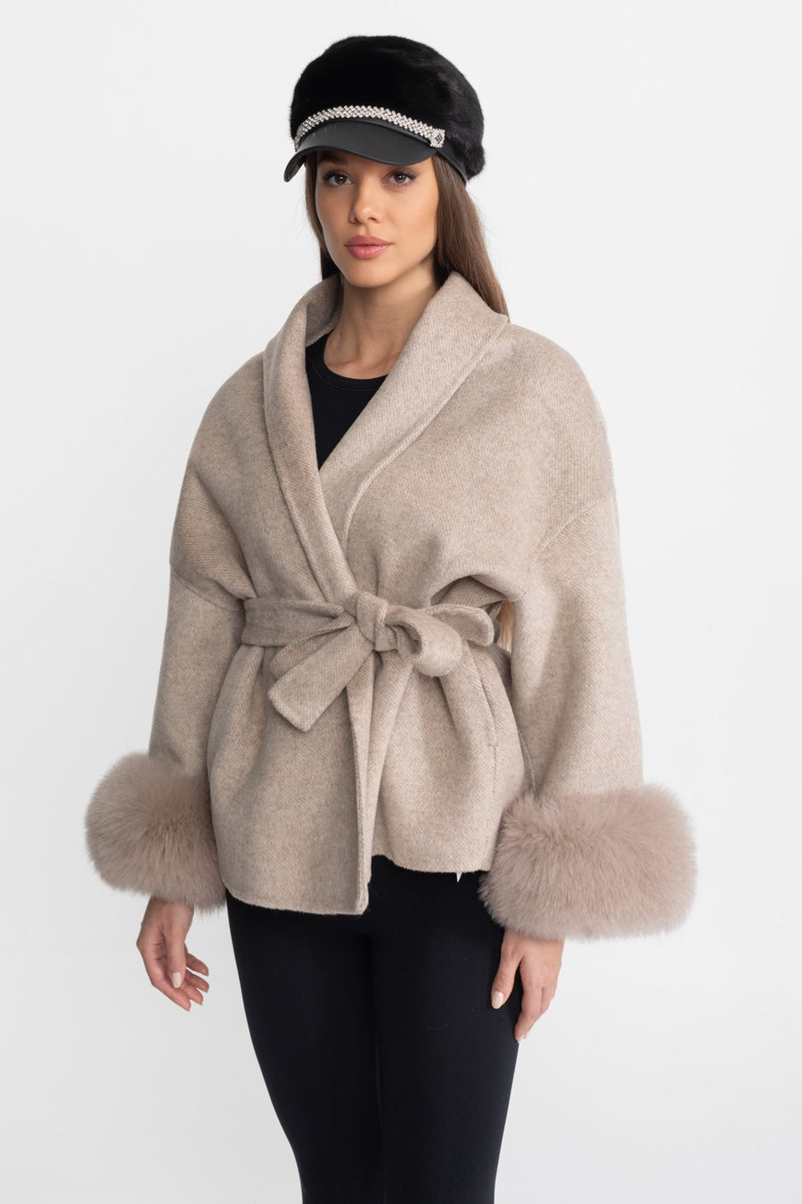 Wool Blend Wrap Jacket with Fox Fur Cuffs – Beige