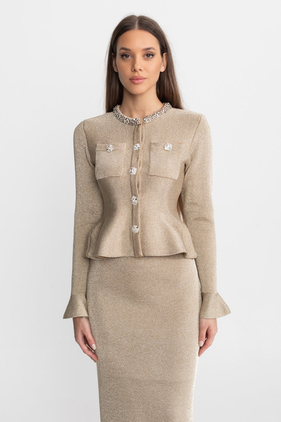Shimmer Knit Dress with Crystal Button Accents – Champagne
