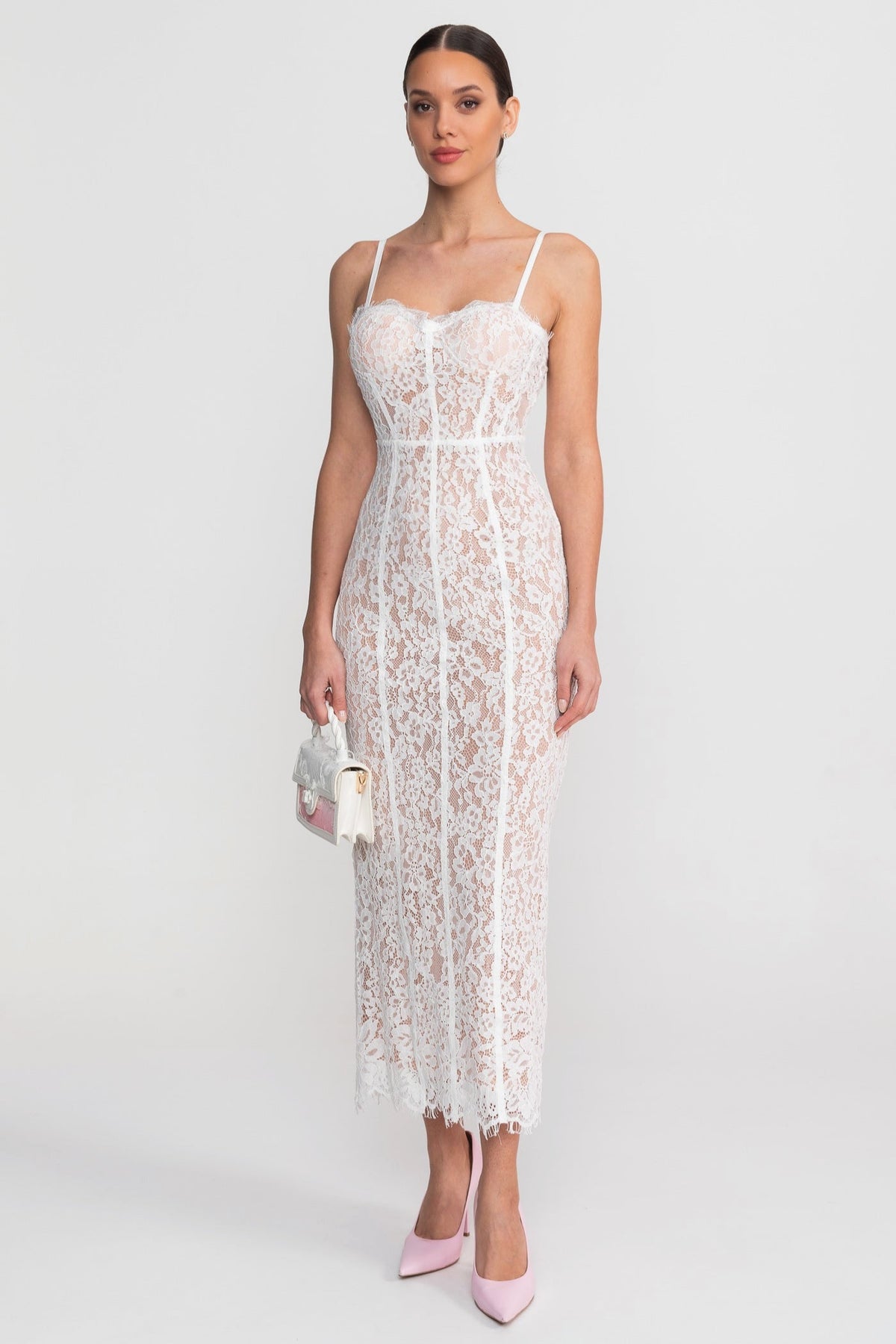 Lace Midi Dress With Sheer Corset Bodice - White