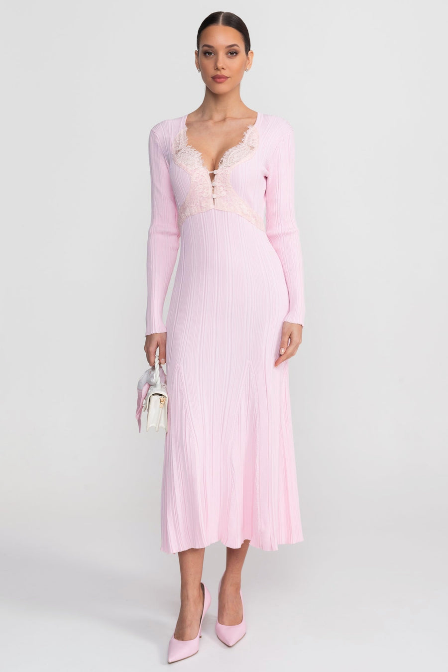 Ribbed Long Sleeve Midi Dress With Lace-Trim V-Neckline - Baby Pink