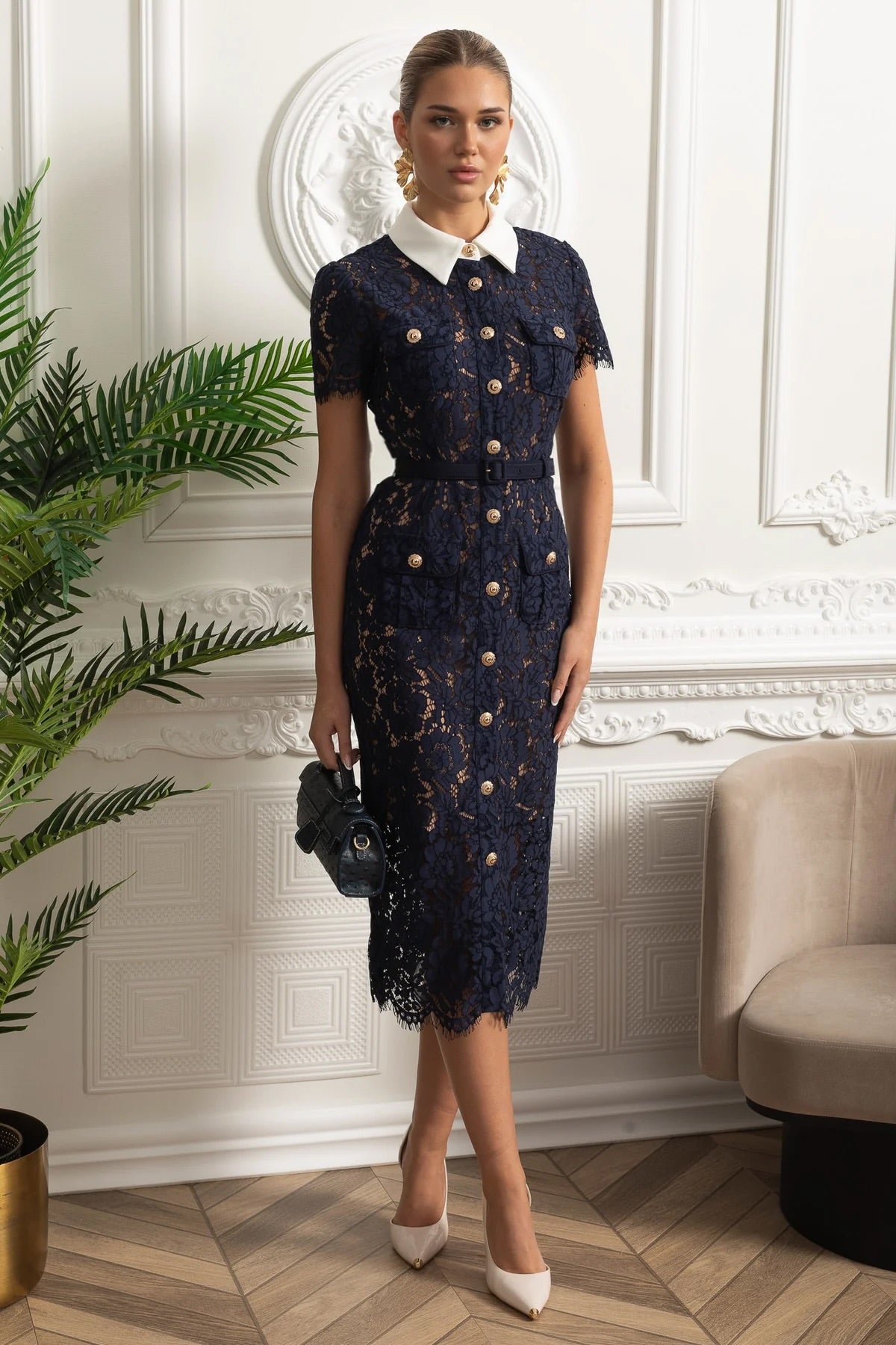 Floral Lace Midi Dress with Tailored Collar and Belted Waist - Navy