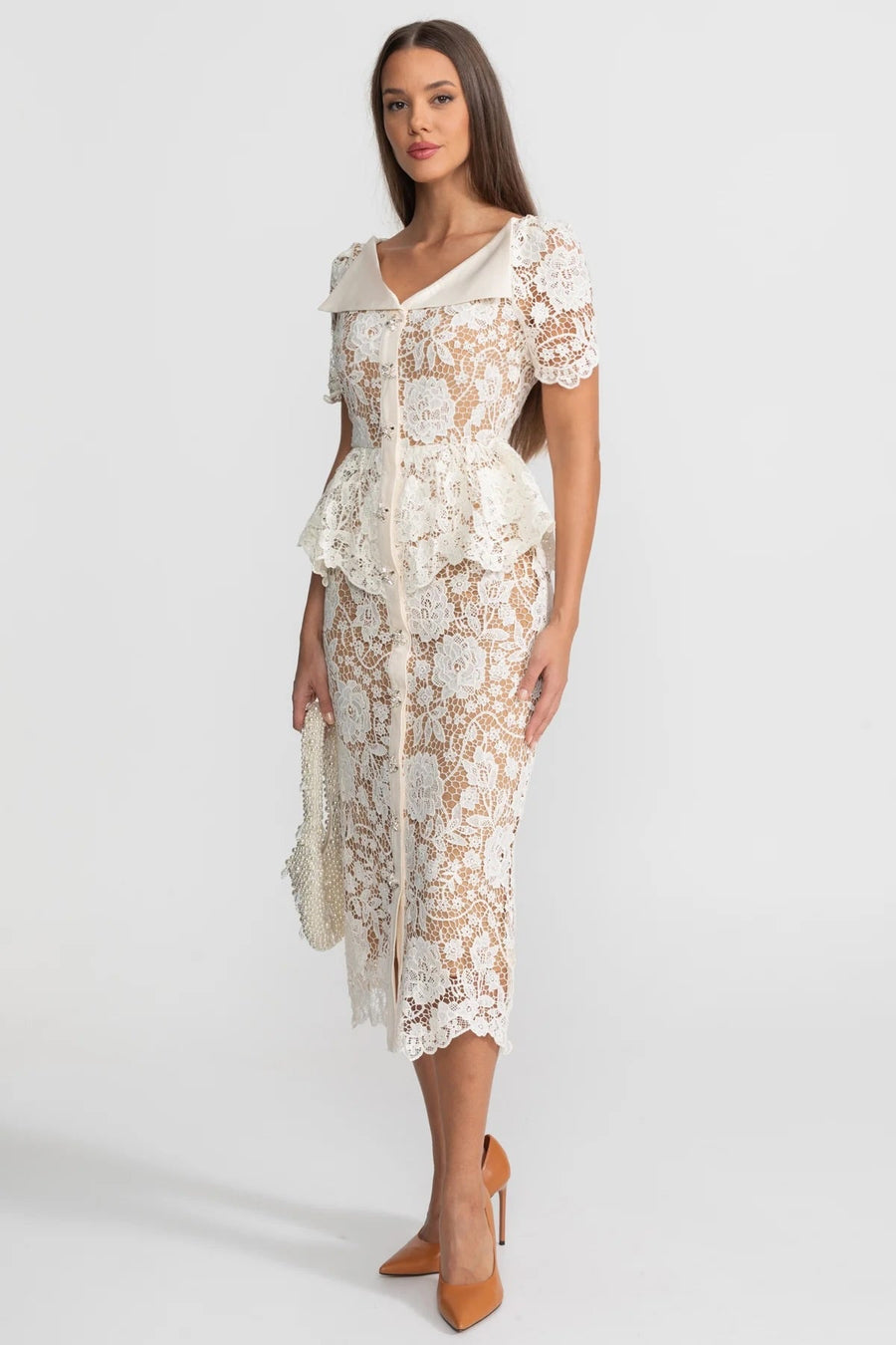 Lace Midi Dress with Peplum Waist and Satin Collar - Ivoire