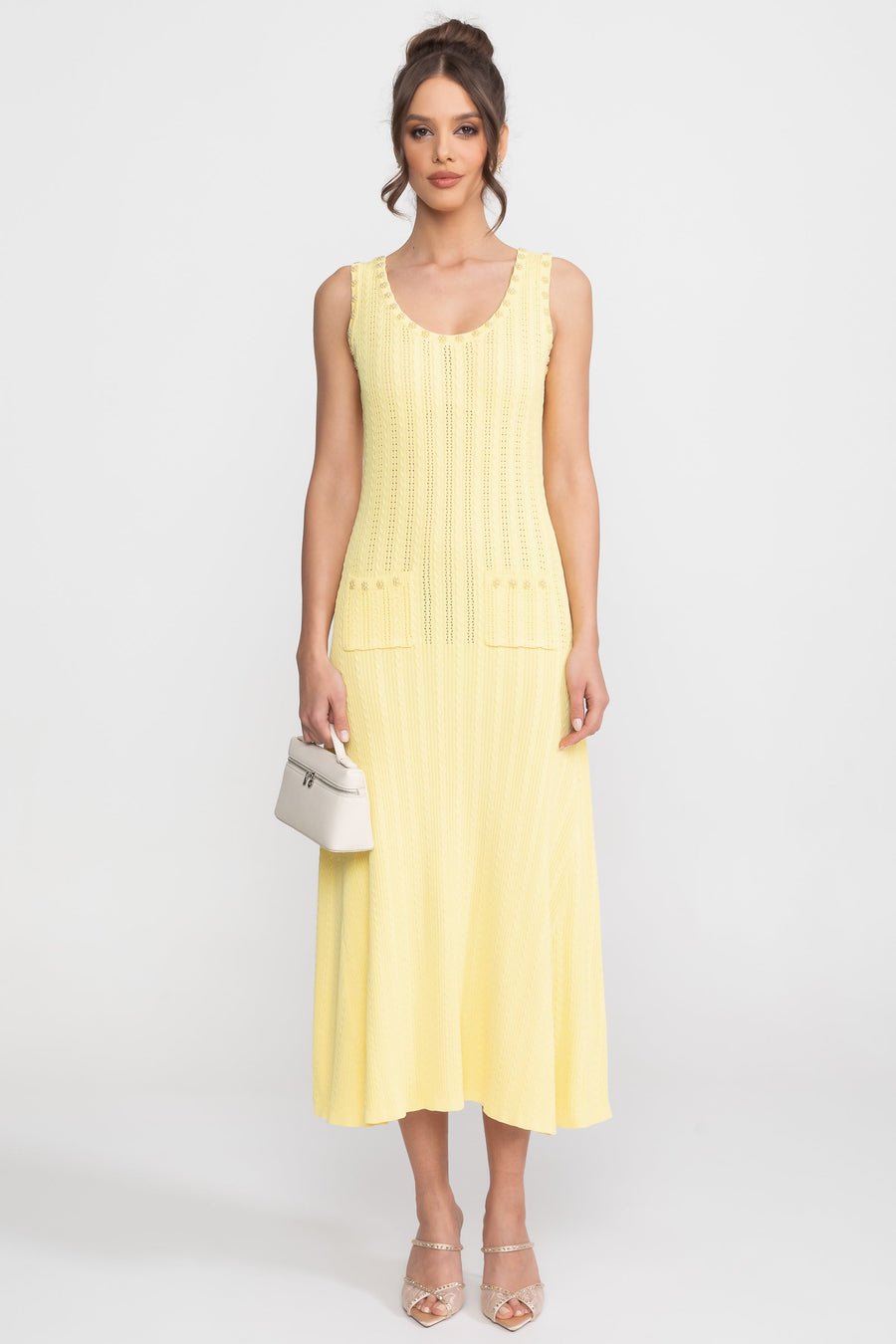 Ribbed Knit Dress and Cardigan Set With Pearl Button Detailing - Yellow