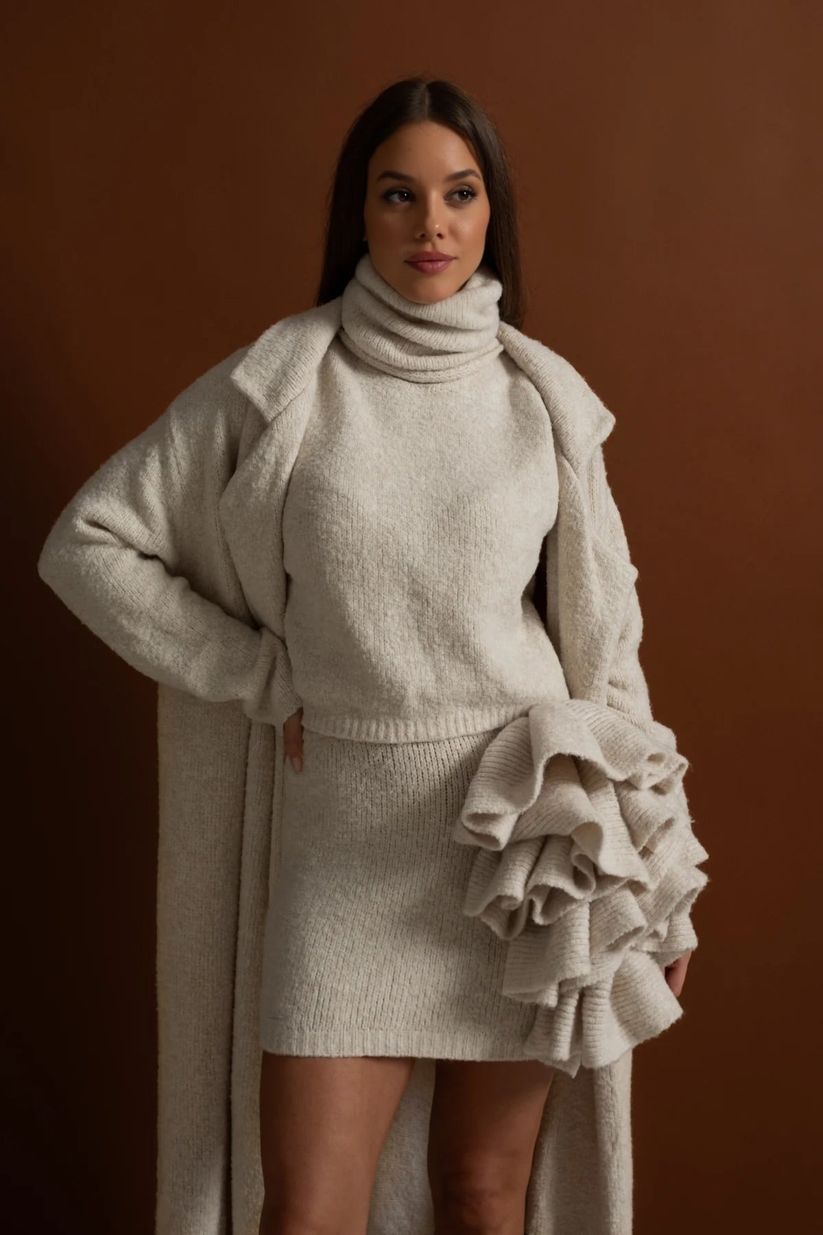 Knitted Three-Piece Set with Sculptural Ruffle Details - Beige