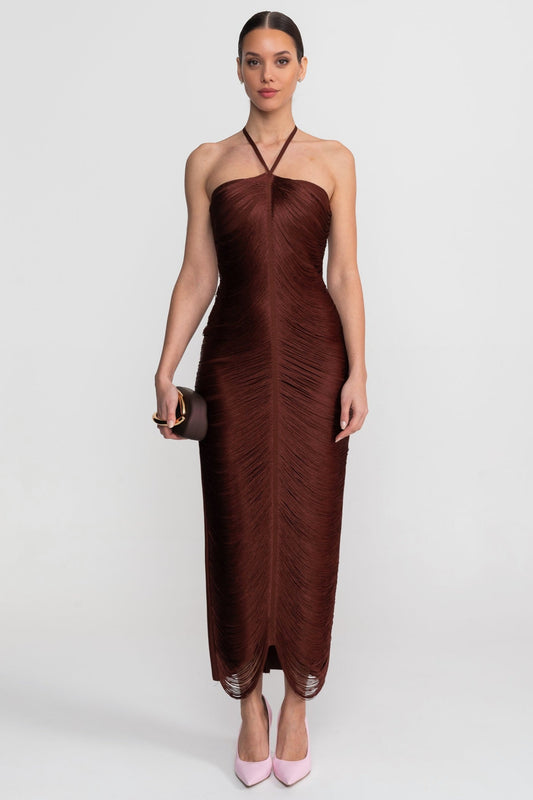 Halter Neck Midi Dress With All-Over Pleated Texture - Brown