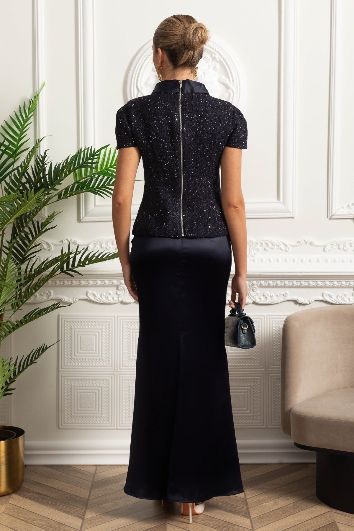 Co-Ord Set with Tweed Embellished Top and Satin Maxi Skirt - Navy