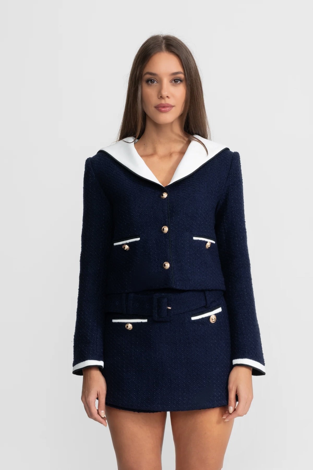 Tweed Cropped Jacket with Contrast Collar - Navy