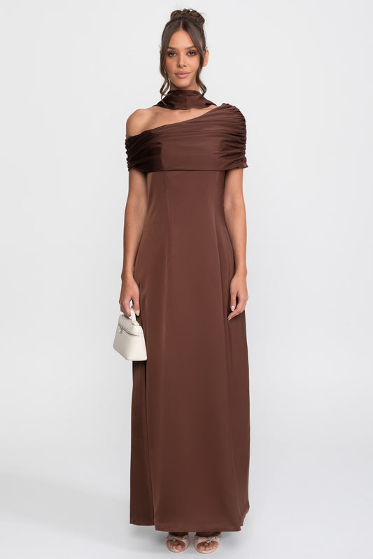 One-Shoulder Draped Satin Gown With Ruched Wrap - Brown
