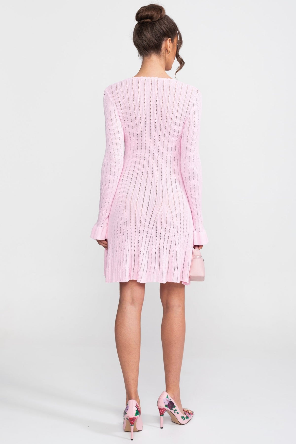 Open-Knit Mini Dress With Scallop Neck And Ruffle Cuffs - Pink