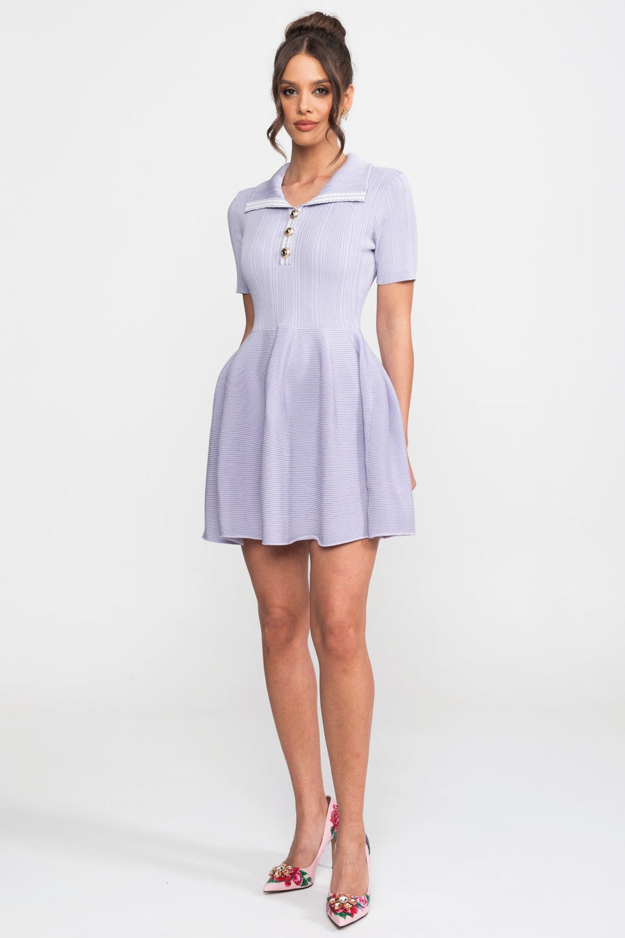 Ribbed Knit Mini Dress With Open Polo Collar And Jewel Buttons - Lilac