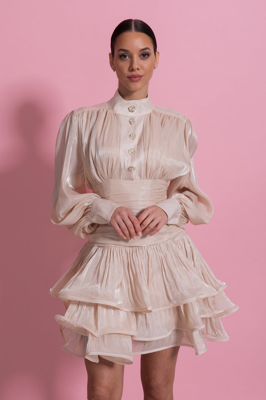 Draped Long Sleeve Mini Dress With Tiered Ruffle Skirt - Champagne