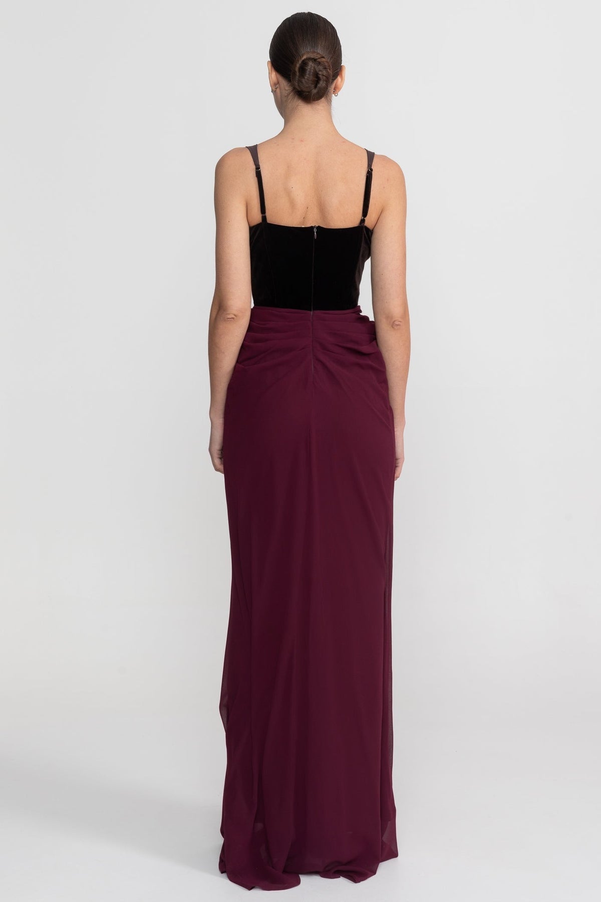 Maxi Dress With Velvet Corset Bodice And Flowing Skirt - Burgundy