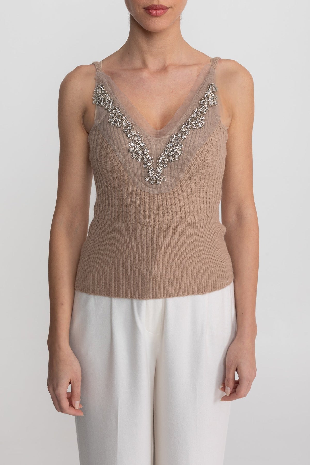 Knit Two Piece Set With Crystal Embellishments And Trim Cuffs - Beige