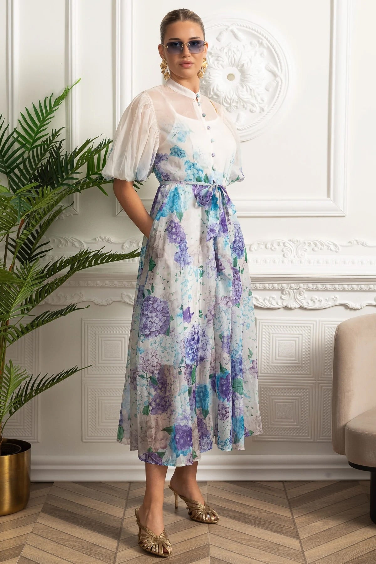 Sheer Silk Midi Shirt Dress with Botanical Motif and Tie Belt - White/Blue