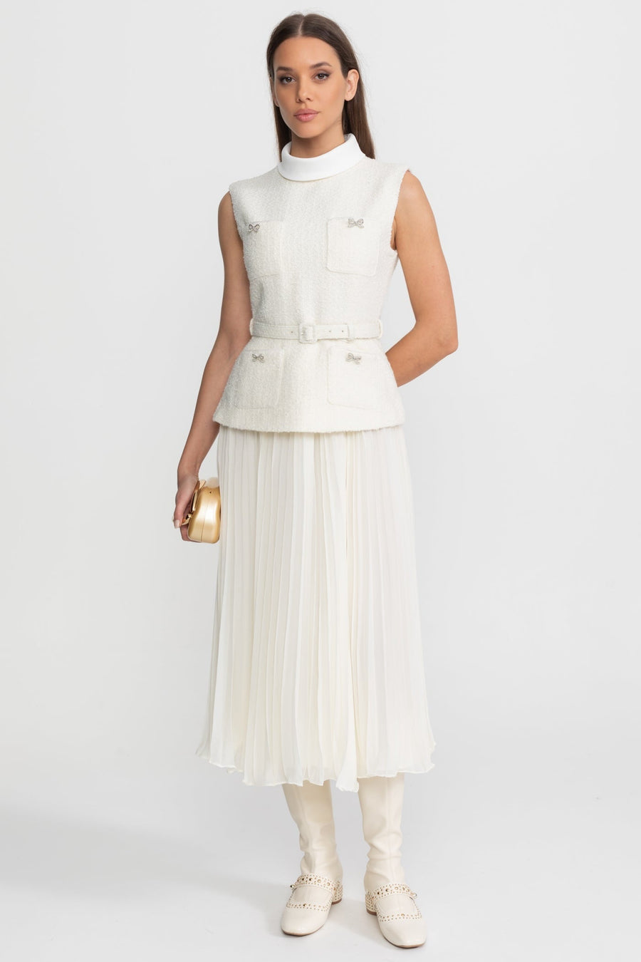 Sleeveless Textured Midi Dress with Pleated Chiffon Skirt – Ivoire