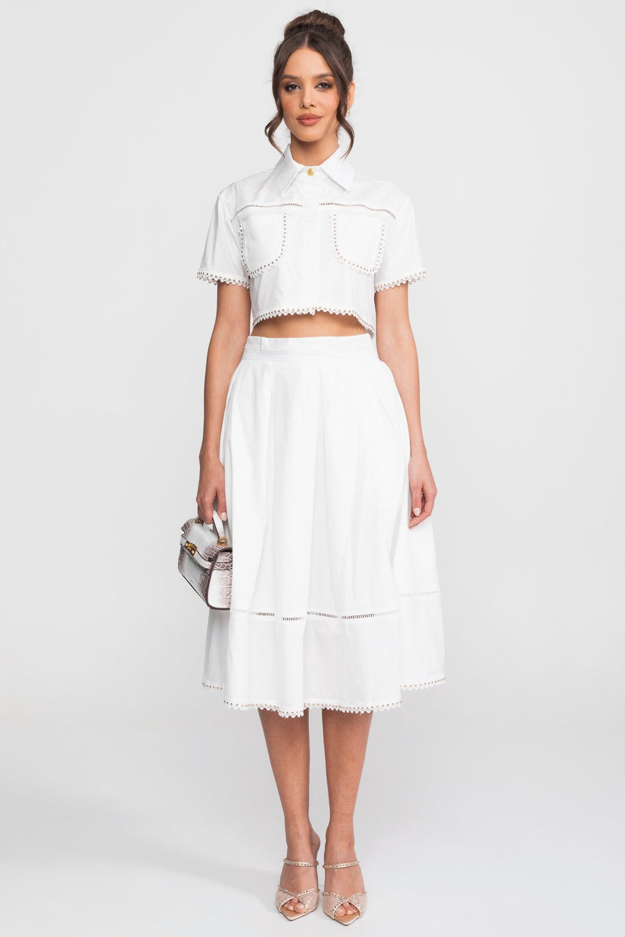 Broderie-Trim Cropped Shirt And Midi Skirt Co-Ord Set - White