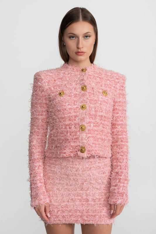 Textured Tweed Jacket With Gold Button Embellishments – Pink