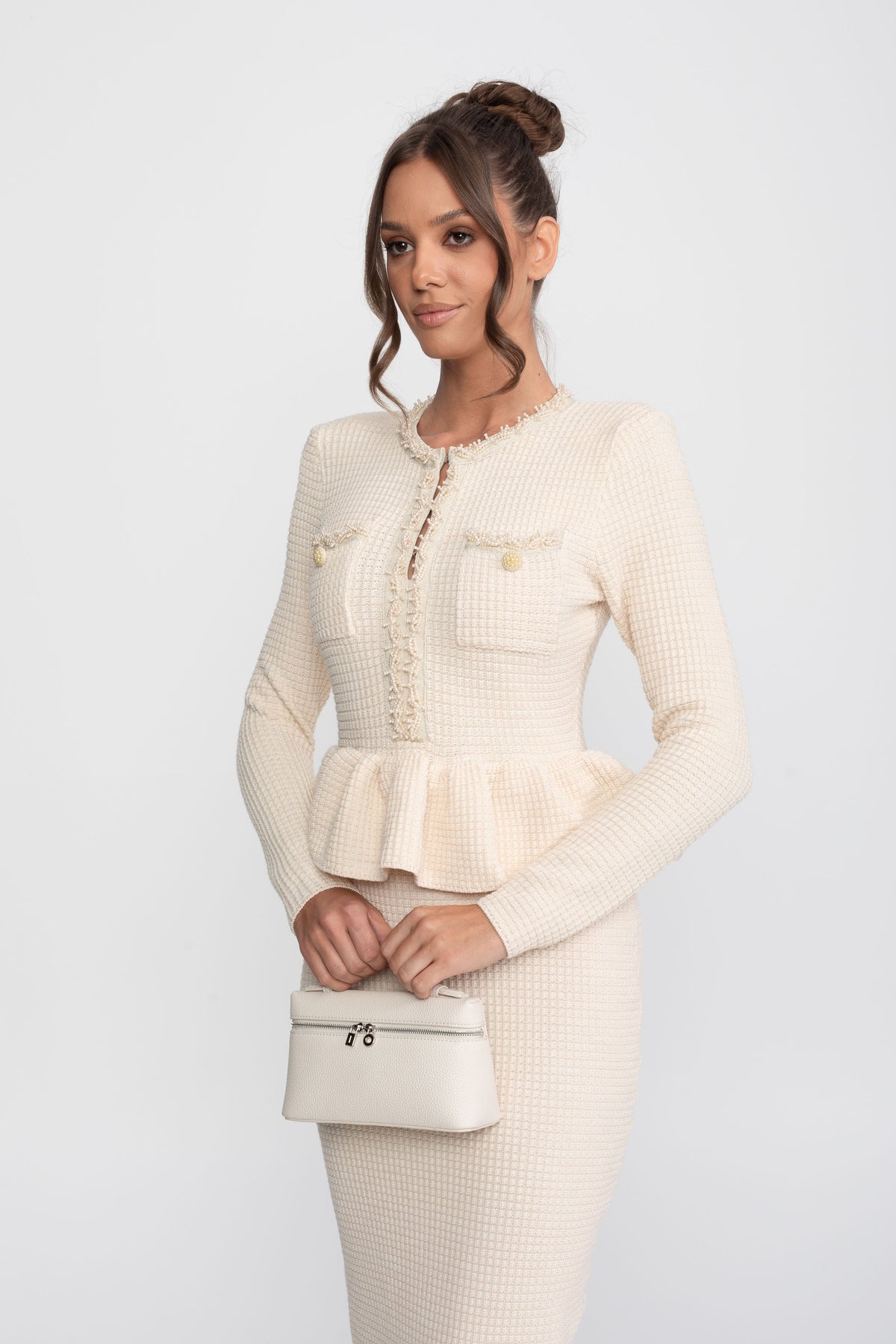 Fringe Trim Knit Peplum Dress With Front Chest Pockets - Beige