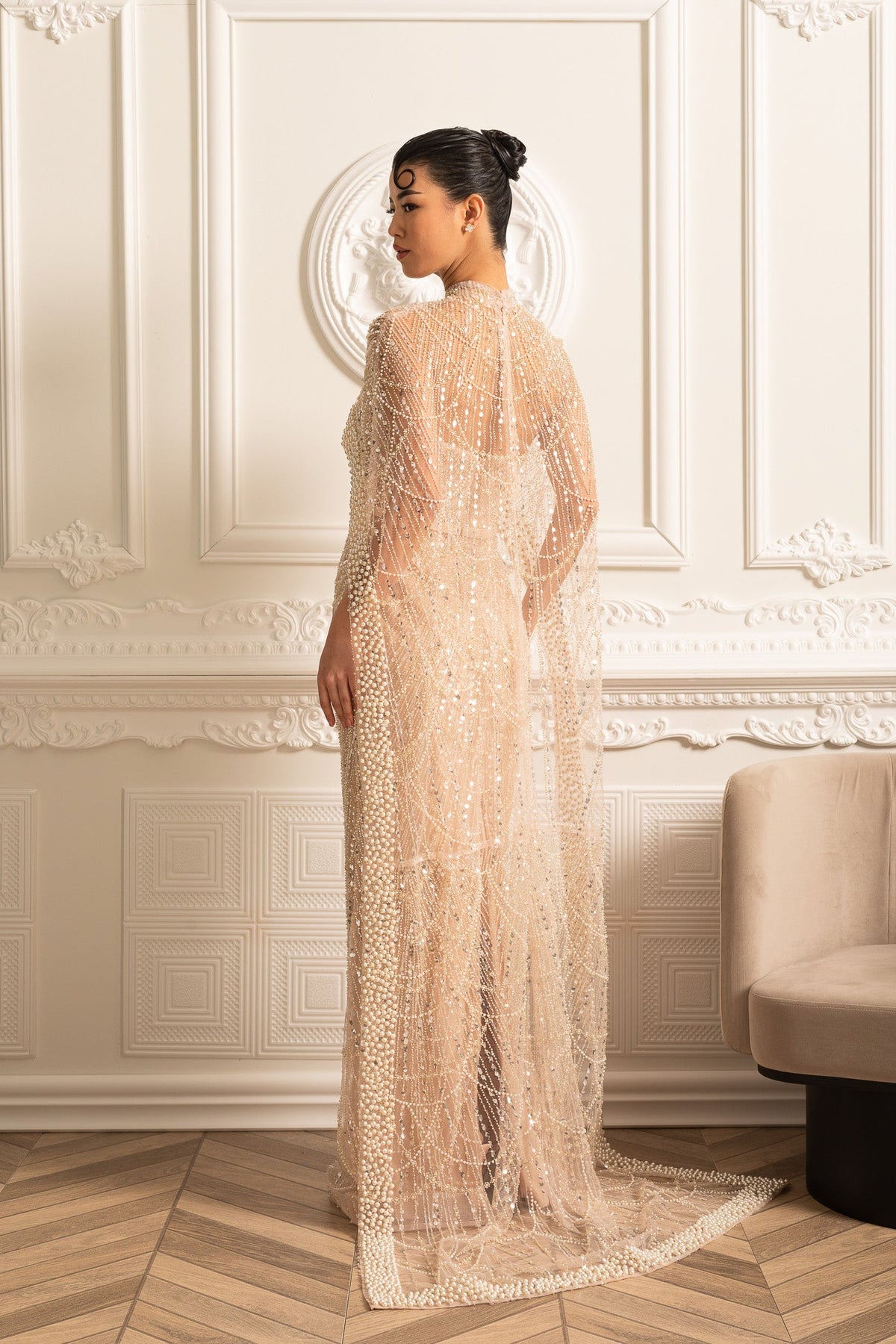 Glamourous Beaded Gown With Detachable Veil - Beige
