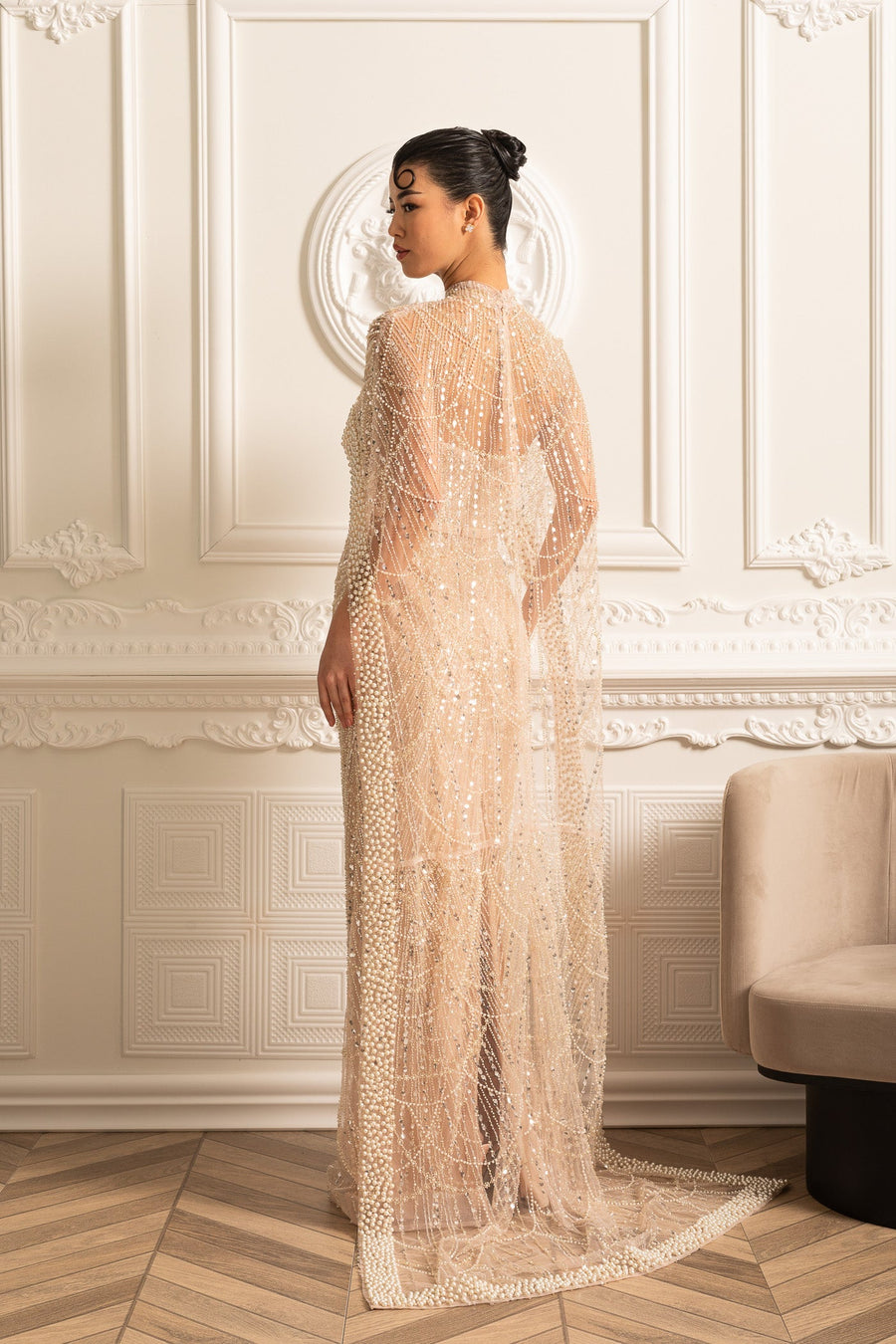 Glamourous Beaded Gown With Detachable Veil - Beige