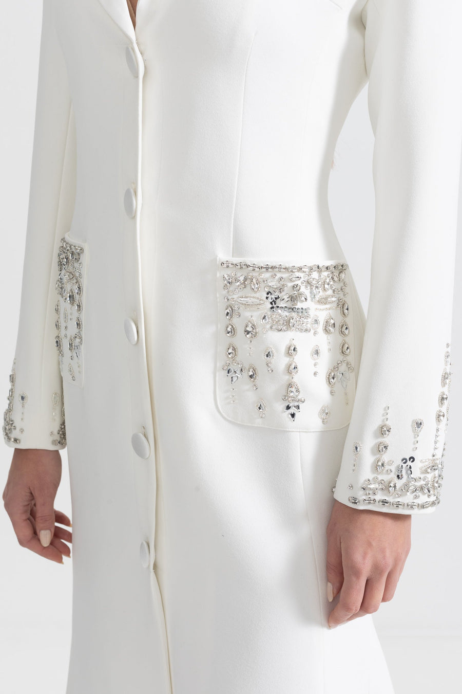 Long Silhouette Dress With Lapels And Crystal Detailing - White