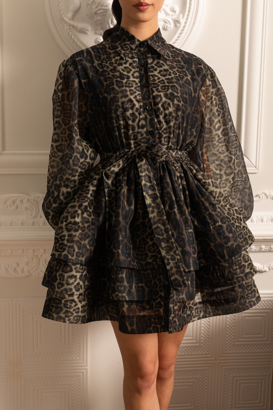 Leopard Pattern Long Sleeved Dress With Layered Skirt - Black