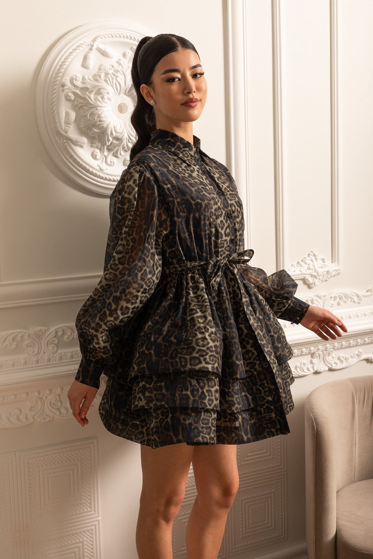 Leopard Pattern Long Sleeved Dress With Layered Skirt - Black