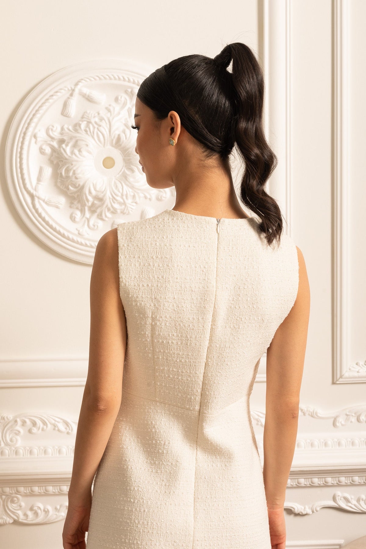 Textured Sleeveless Dress With Pearl Button Accents  - White