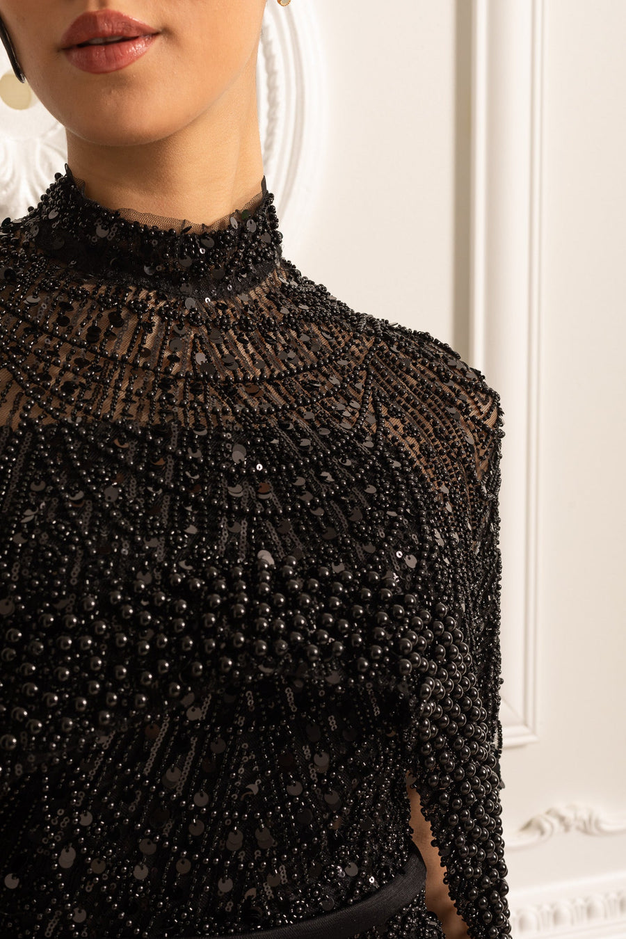 Glamourous Beaded Gown With Detachable Veil - Black