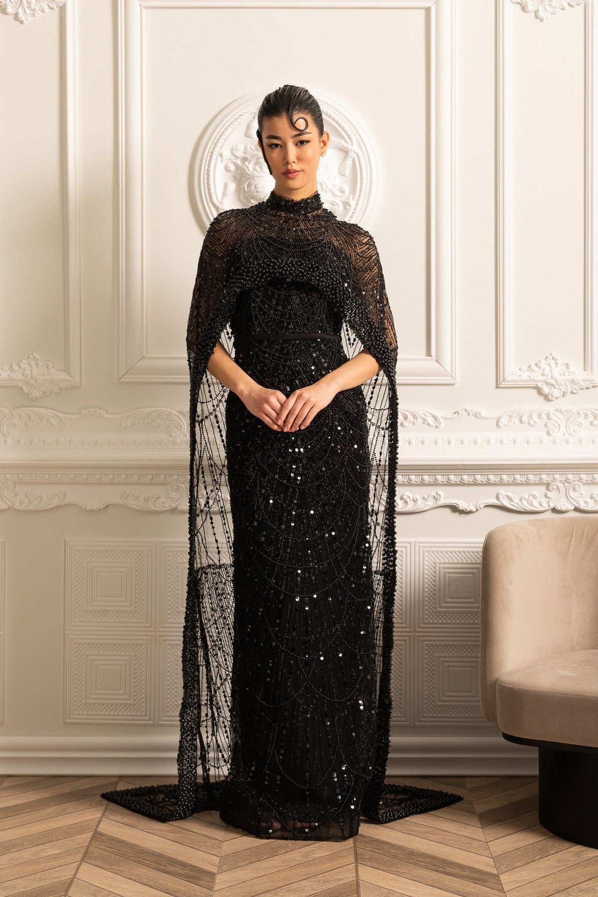 Glamourous Beaded Gown With Detachable Veil - Black