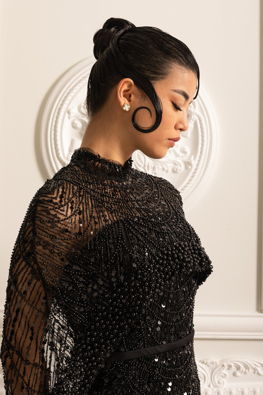 Glamourous Beaded Gown With Detachable Veil - Black