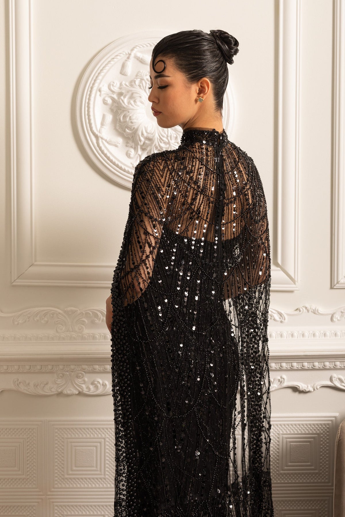 Glamourous Beaded Gown With Detachable Veil - Black