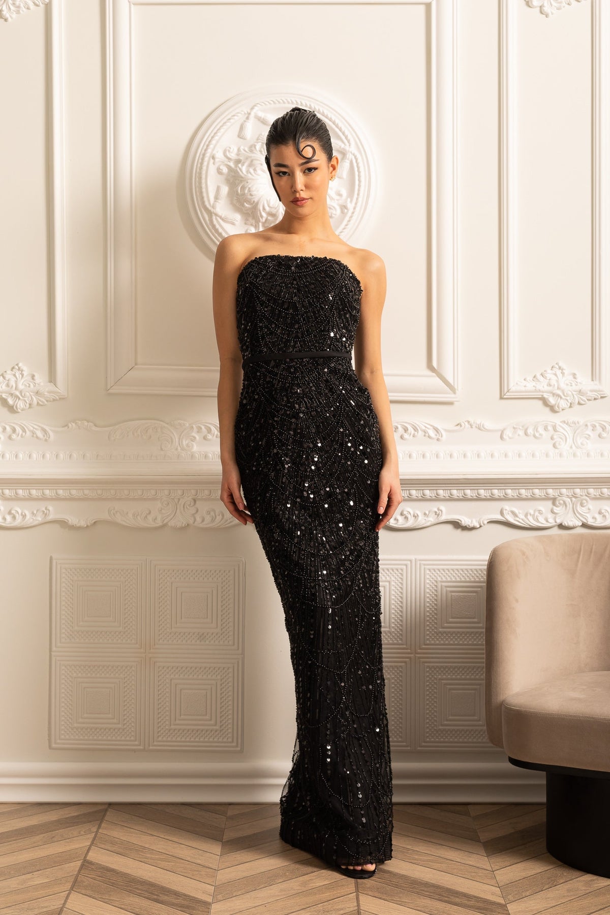 Glamourous Beaded Gown With Detachable Veil - Black