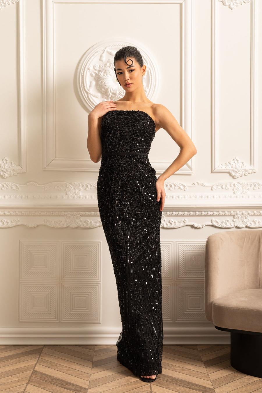 Glamourous Beaded Gown With Detachable Veil - Black