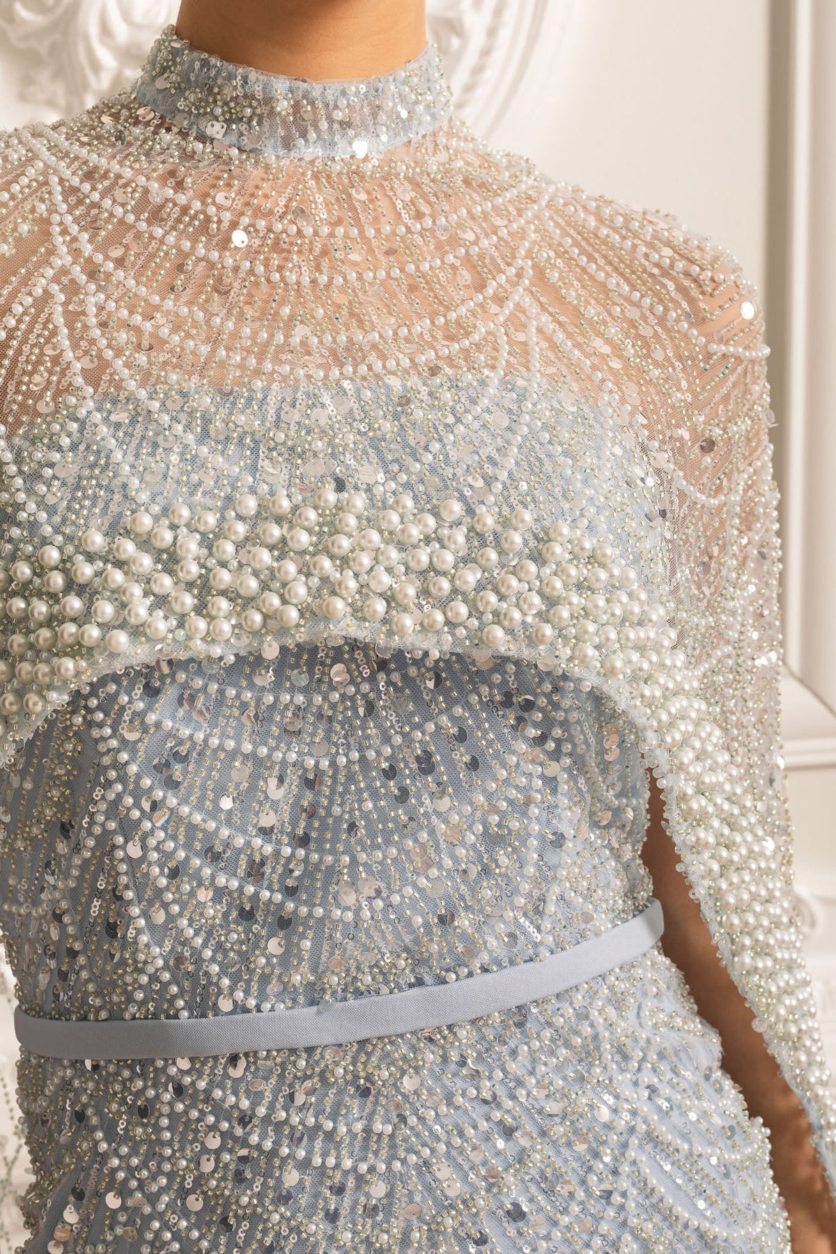 Glamourous Beaded Gown With Detachable Veil - Blue