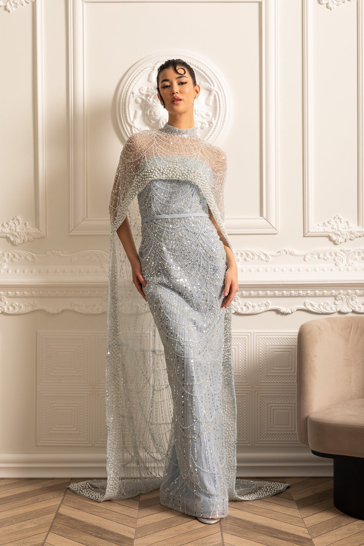 Glamourous Beaded Gown With Detachable Veil - Blue