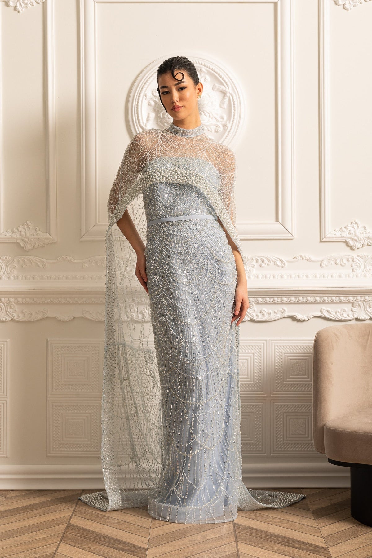 Glamourous Beaded Gown With Detachable Veil - Blue