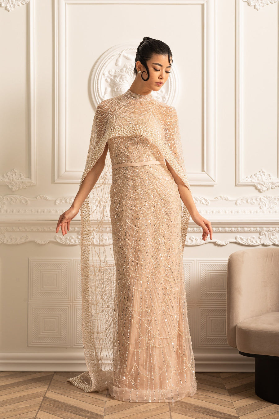 Glamourous Beaded Gown With Detachable Veil - Beige