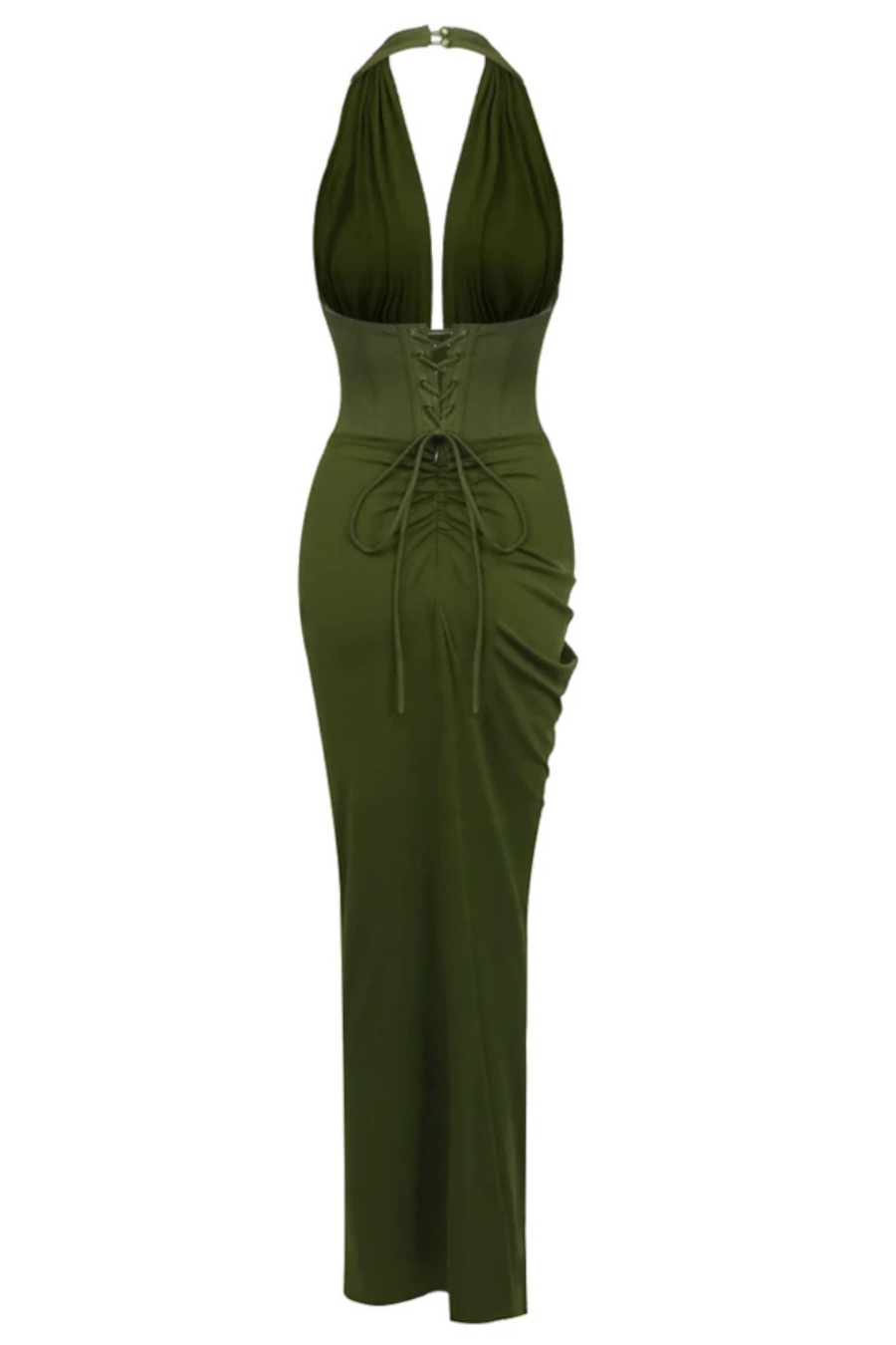 Olivine Halter Yaka Fırfırlı Haki Uzun Elbise