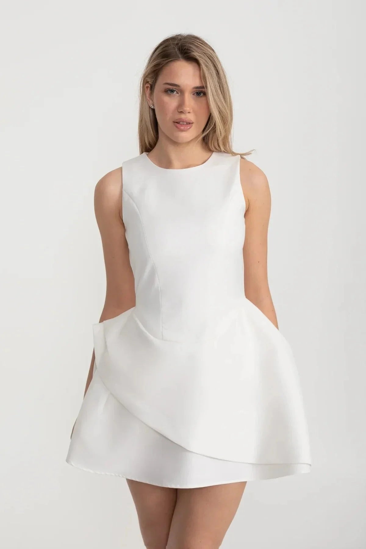 Contemporary Sleeveless Dress With Fitted Bodice And Asymmetrical Skirt - White