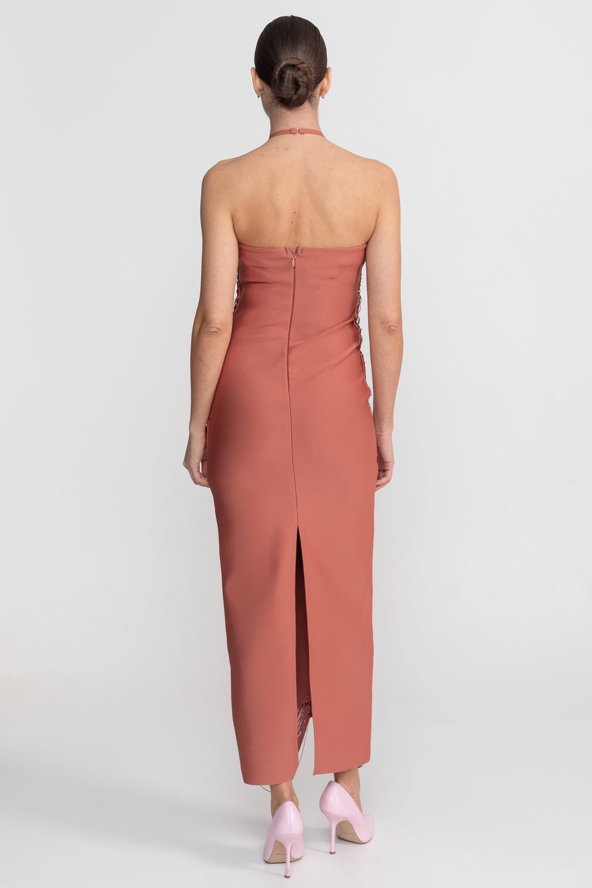Halter Neck Midi Dress With All-Over Pleated Texture - Light Brown