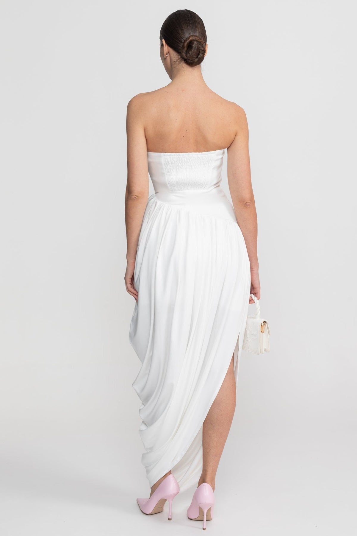 Strapless Maxi Dress With Asymmetric Draped Skirt - White
