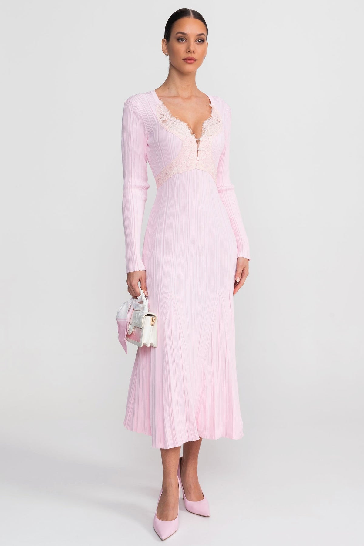 Ribbed Long Sleeve Midi Dress With Lace-Trim V-Neckline - Baby Pink